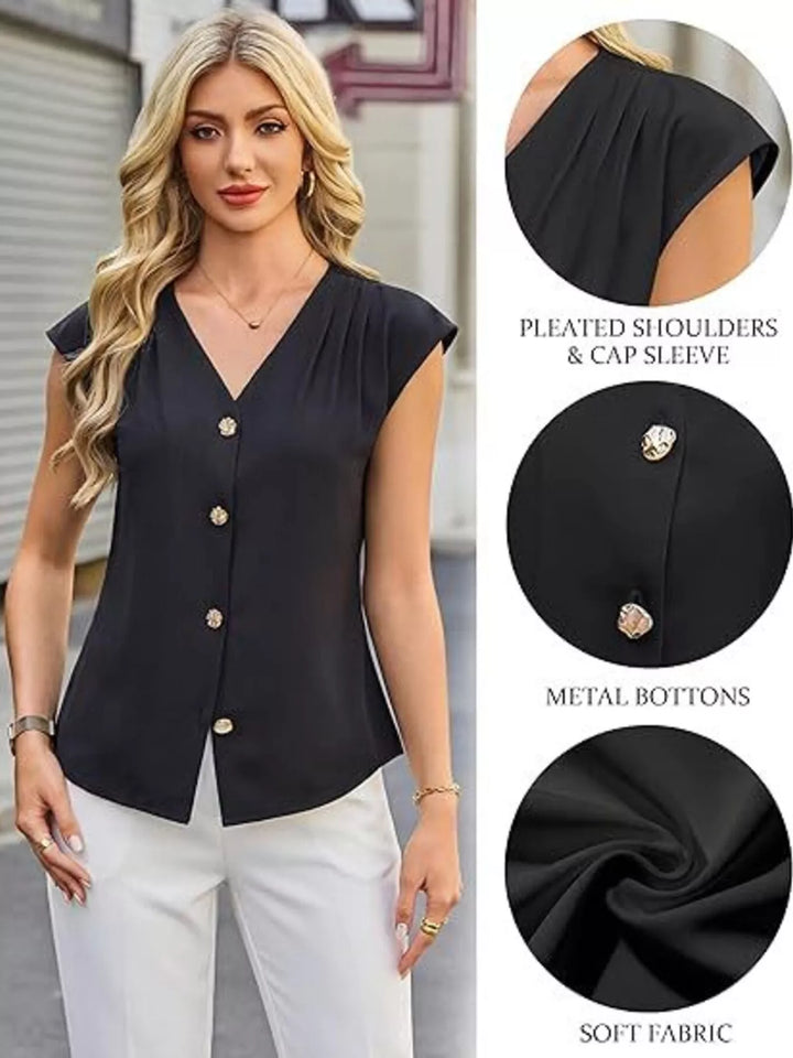 V-neck cap sleeve button-front blouse with pleated shoulders