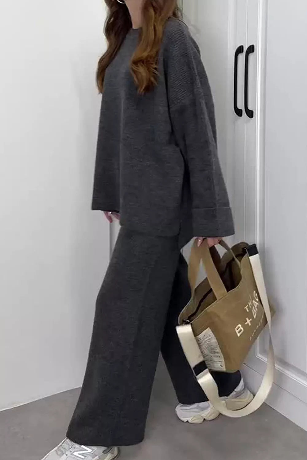 Ribbed knit dropped shoulder sweater and wide leg pants set