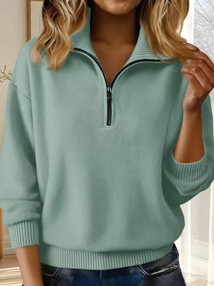Light Green Half-zip dropped-shoulder knit sweater with ribbed collar