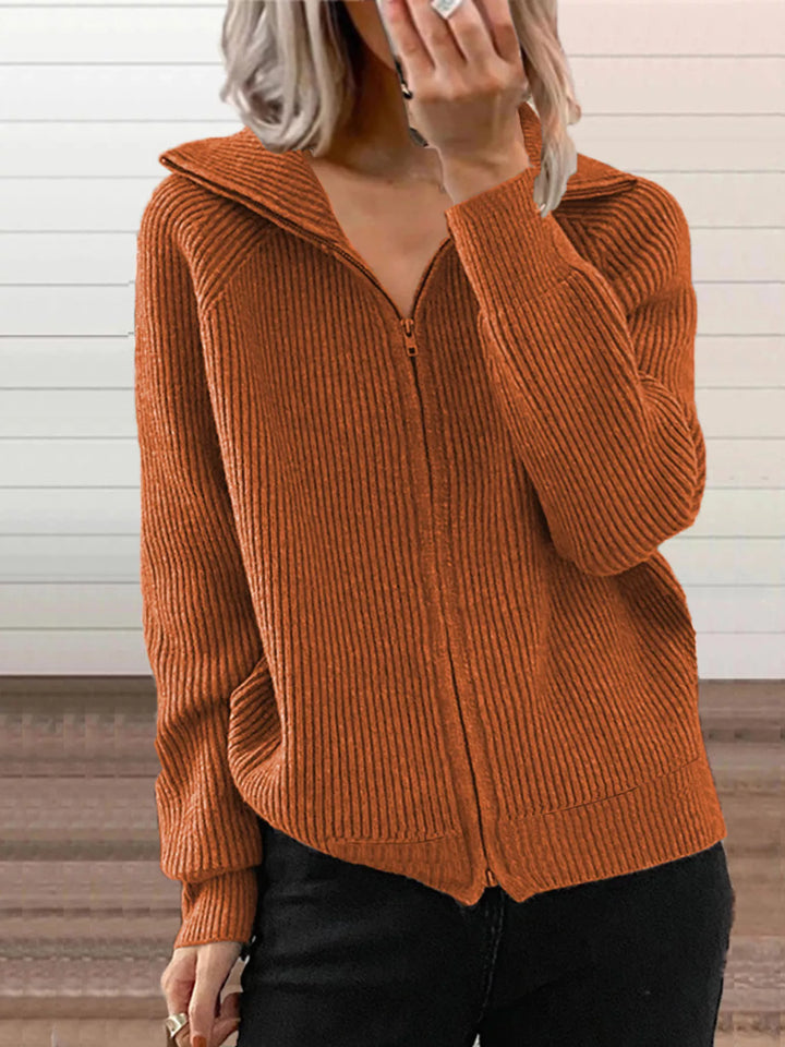 Orange Ribbed knit zip-up cardigan with collar and pockets
