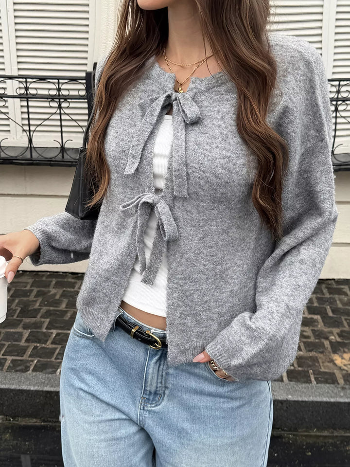 Tie-front dropped shoulder knit cardigan with bow ties
