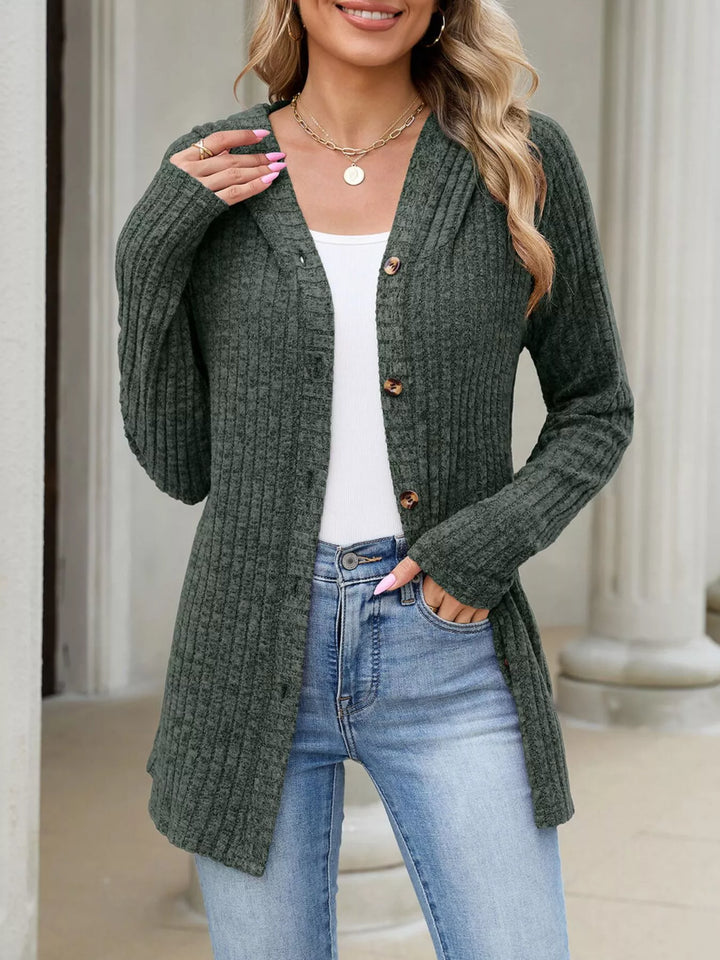 Ribbed knit hooded cardigan with tortoise buttons