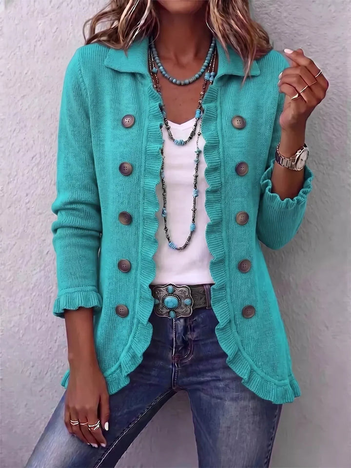 Green Ruffle trim knit cardigan with collar and decorative buttons