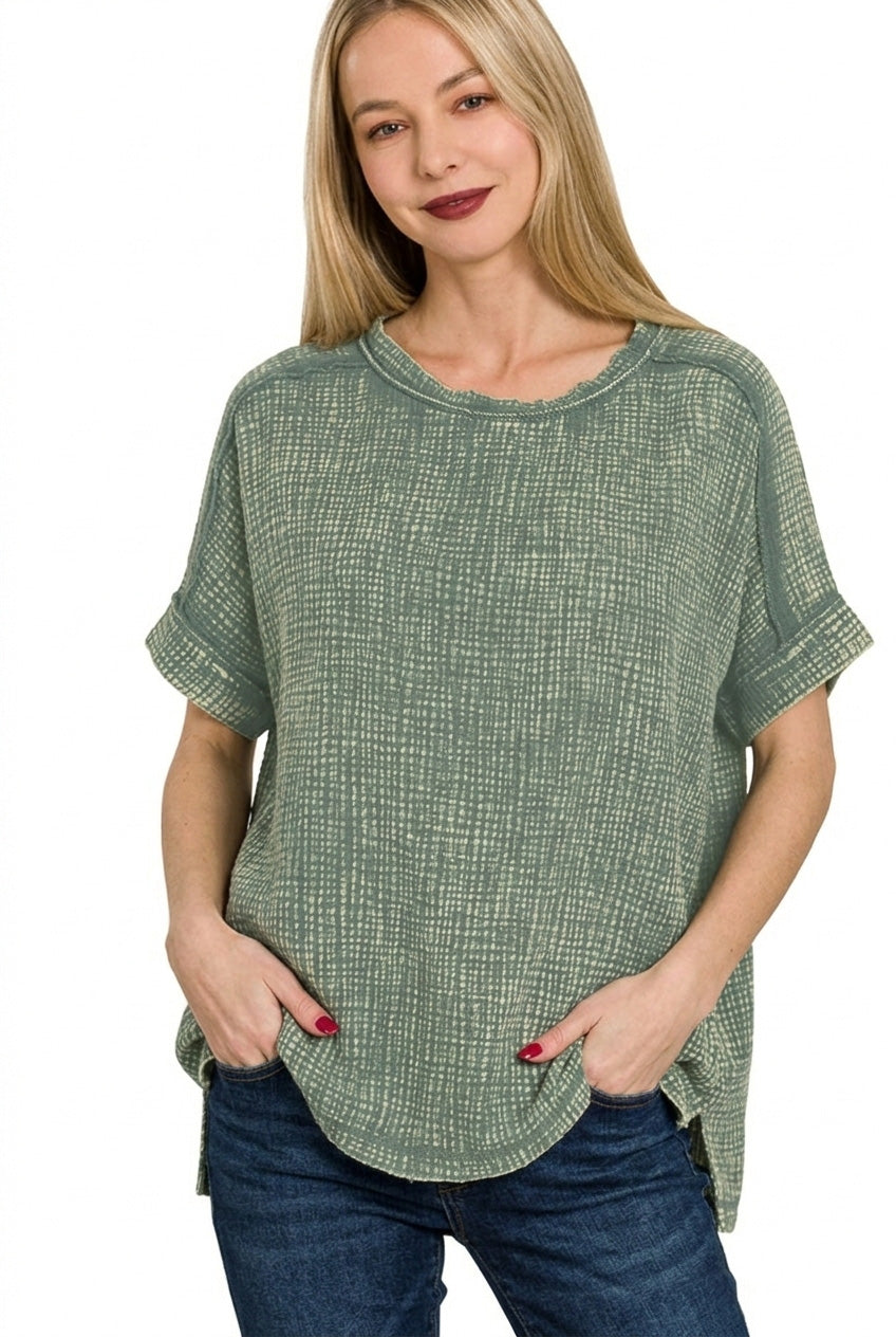 Acid-wash double gauze boxy round-neck tee