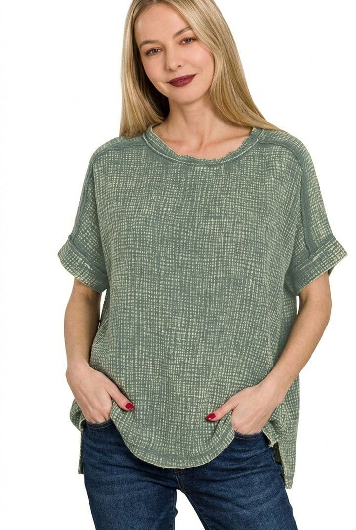 Acid-wash double gauze boxy round-neck tee