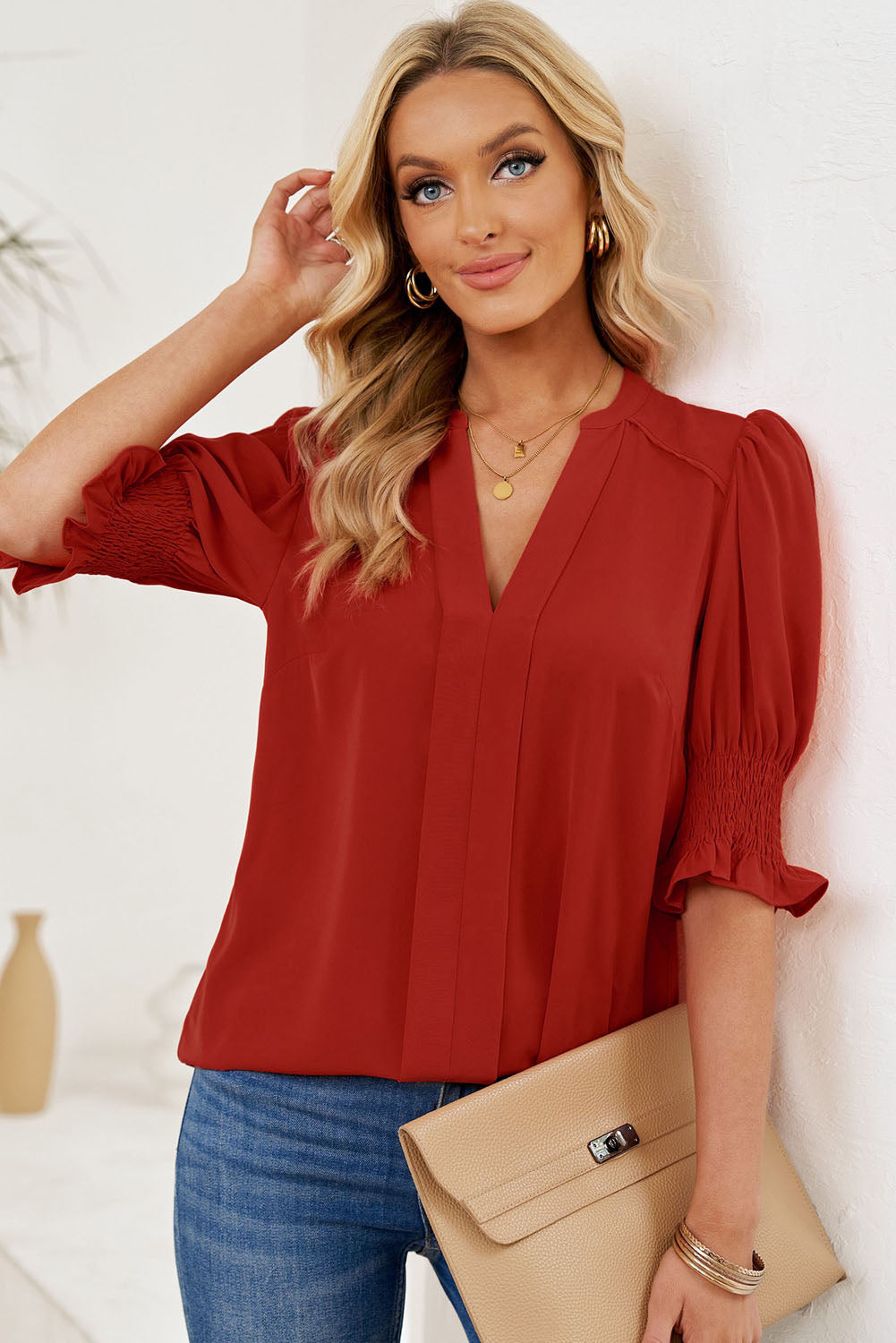 Deep Red Notched neck blouse with smocked flounce sleeves