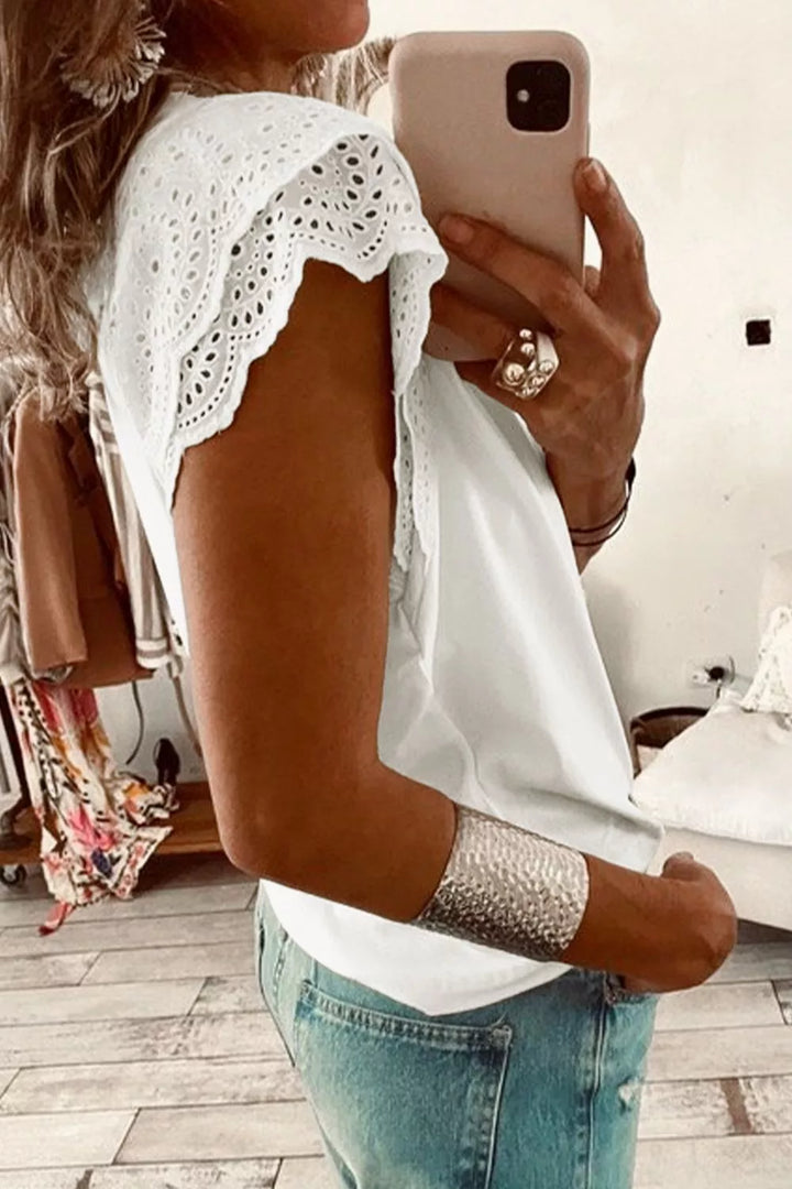V-neck tee with eyelet embroidered flutter sleeves