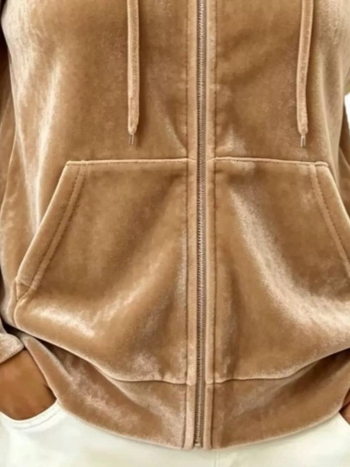 Velvet zip-up hoodie jacket with drawstring and front pockets