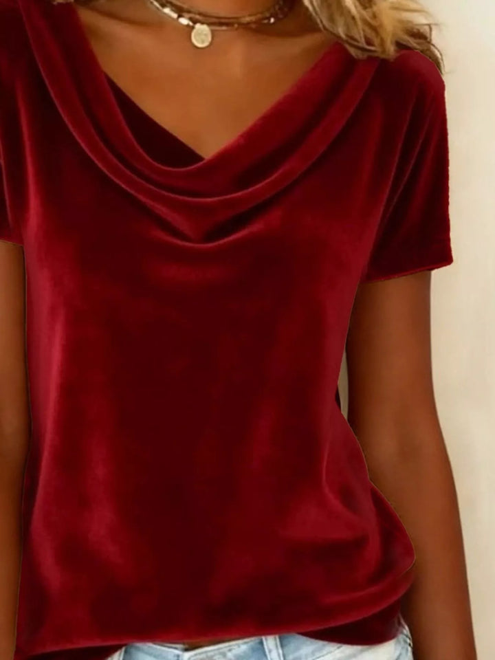 Draped cowl neck velvet top with short sleeves