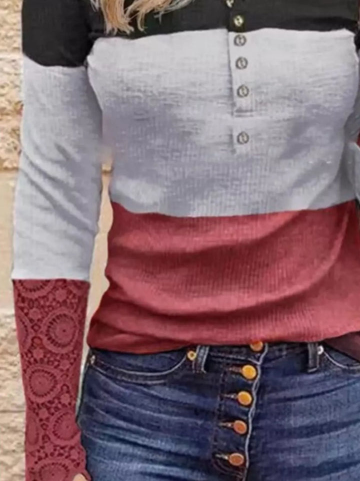 Color block henley top with lace-trim sleeves