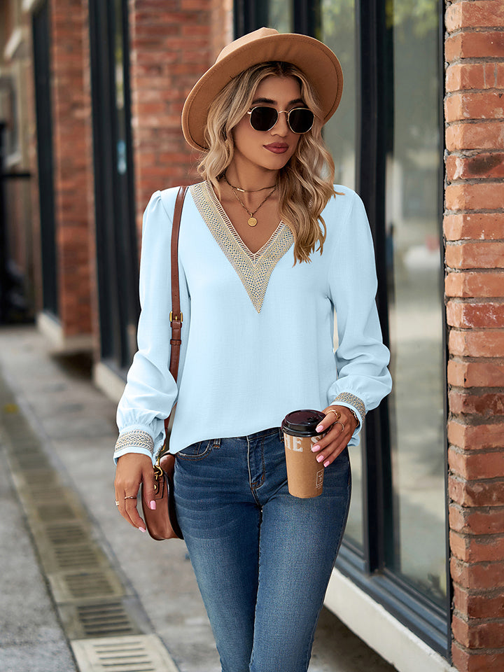 Pastel  Blue Crochet lace-trim V-neck long sleeve blouse