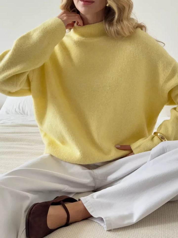 Ribbed mock neck dropped shoulder knit sweater