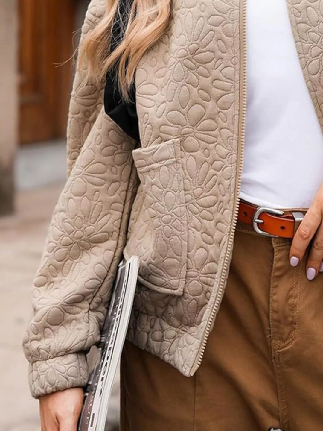 Floral quilted zip-up bomber jacket with pockets