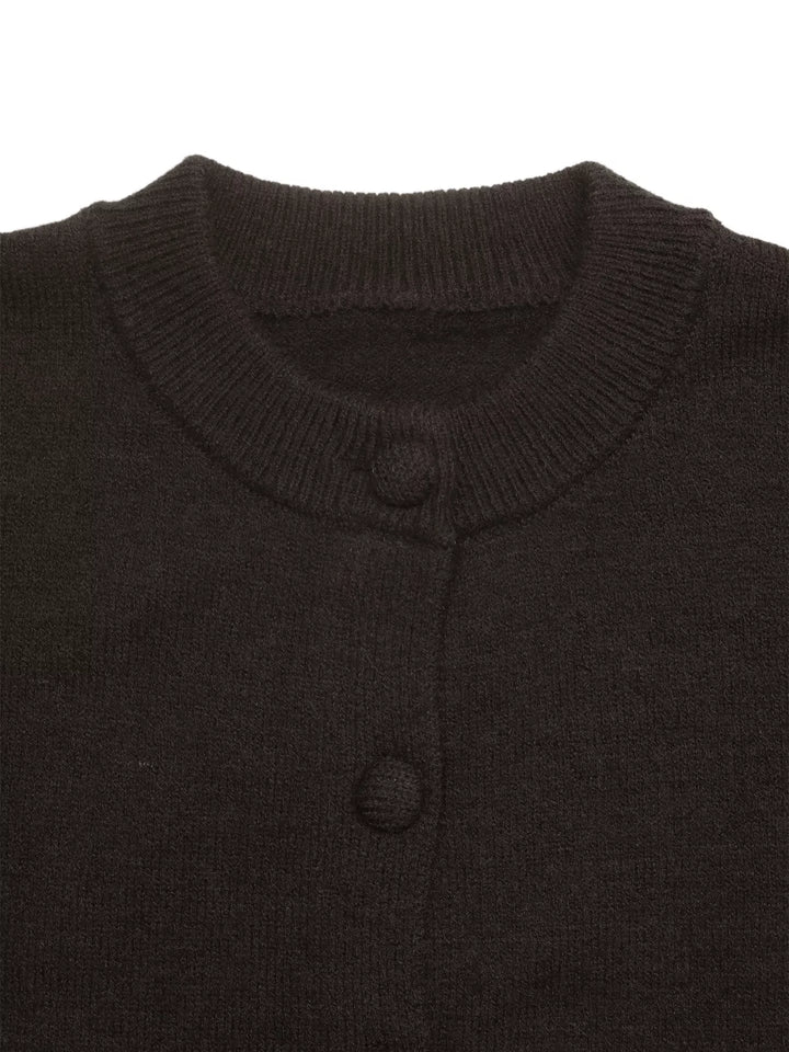 Crew neck button-up knit cardigan with patch pockets