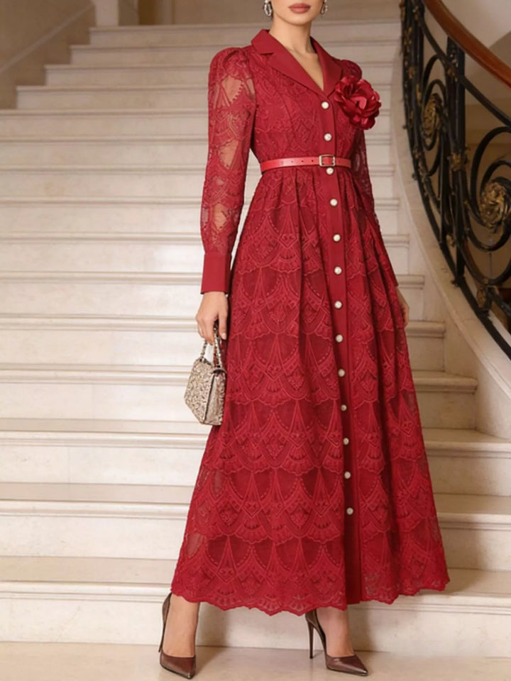 Red Belted lace button-front midi dress with notched collar