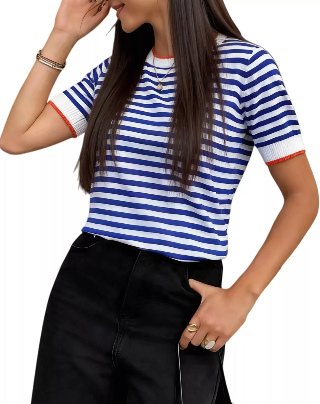 Navy Striped short sleeve knit top with contrast ribbed trim