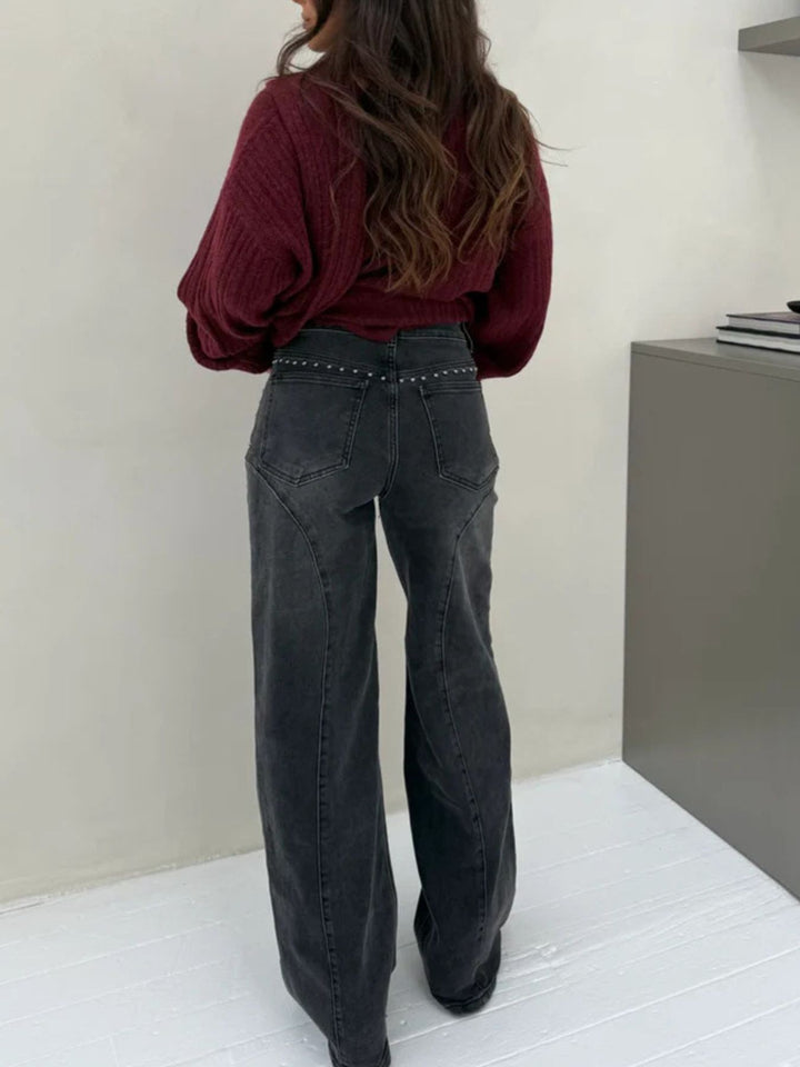 Studded high-rise wide-leg jeans with curved seam detail