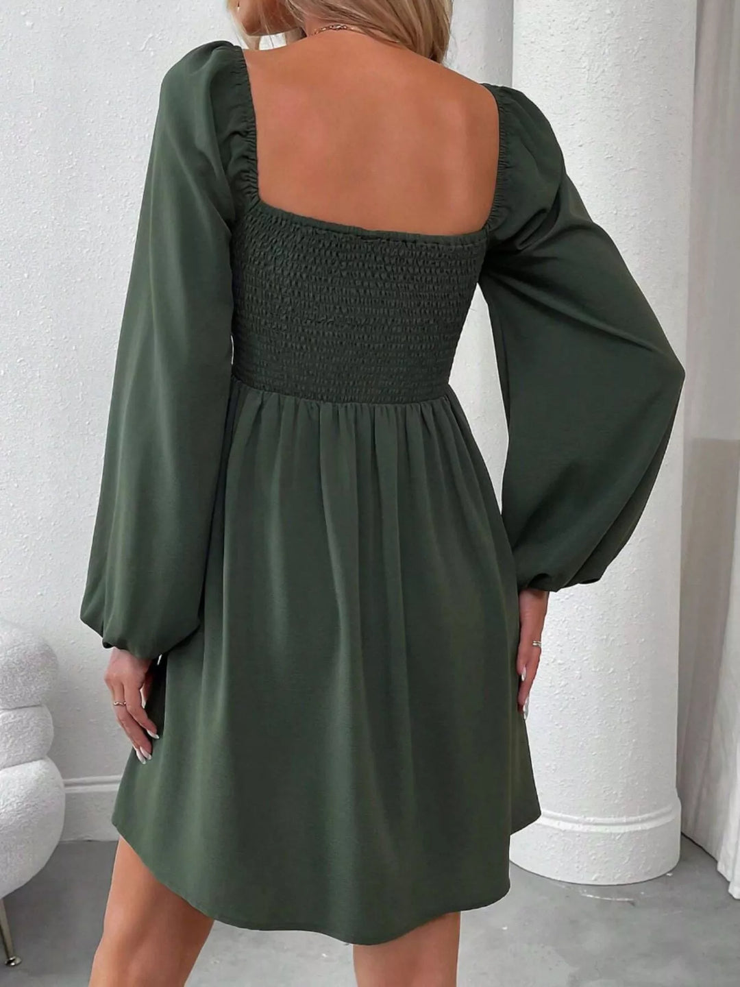 Ruched square-neck balloon sleeve A-line mini dress