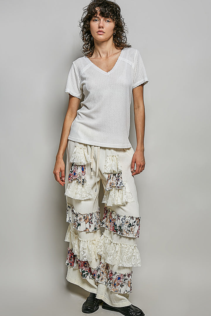 Lace-trim textured knit V-neck short sleeve top