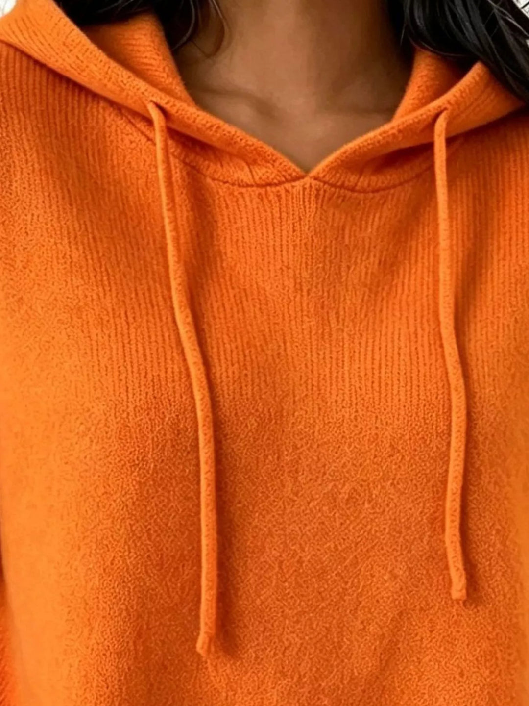 Drawstring hooded knit pullover sweater with ribbed trim