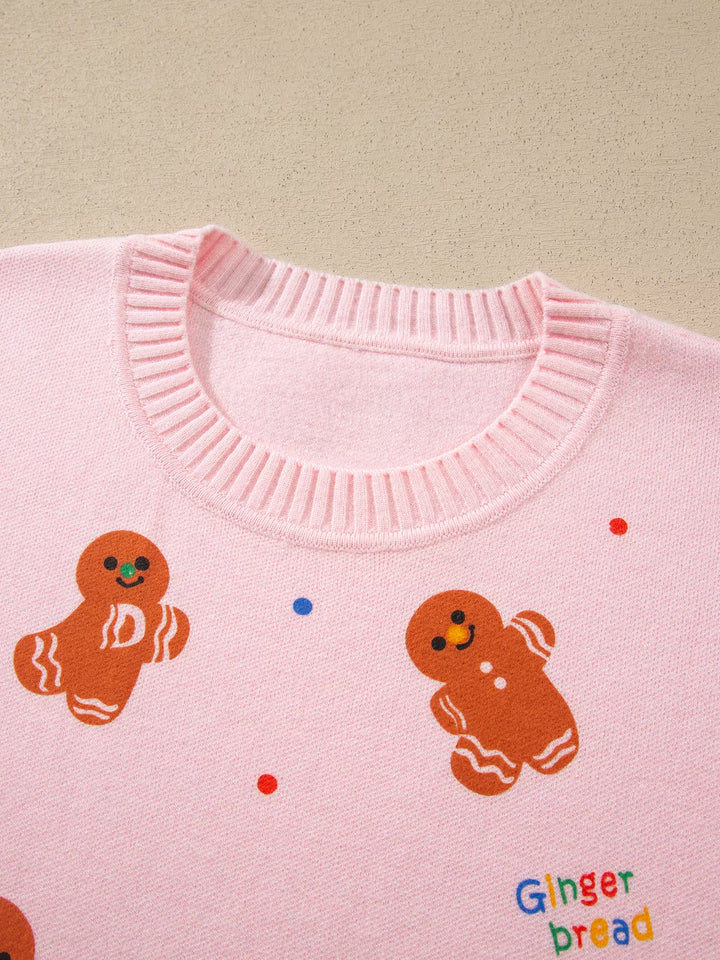 Gingerbread print crew neck knit sweater