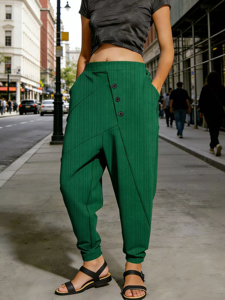 Dark Green Plus size ribbed harem pants with decorative buttons