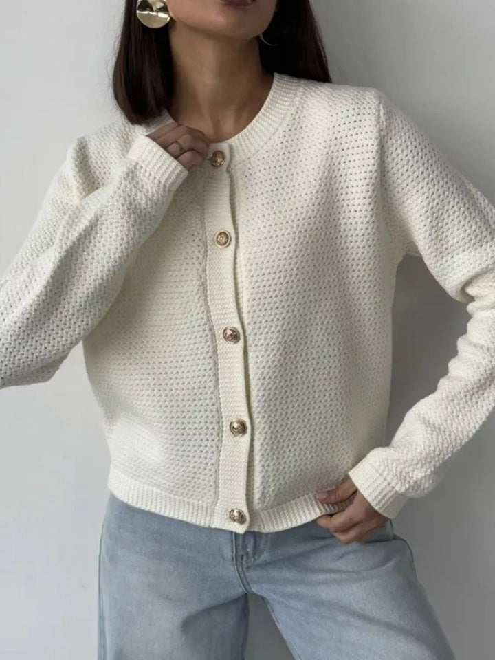 Textured waffle-knit button-up cardigan with gold buttons