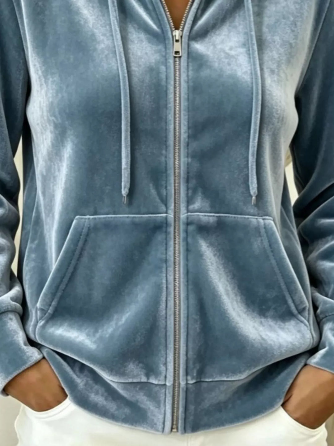 Velvet zip-up hoodie jacket with drawstring and front pockets