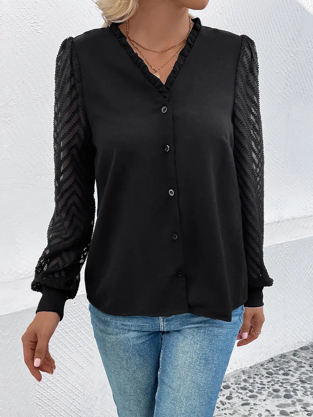 Sheer lace sleeve V-neck button-front blouse