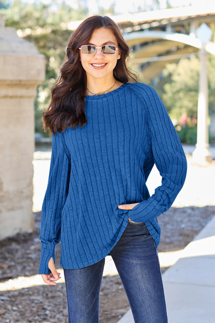 Royal Blue Ribbed knit round neck long sleeve top with curved hem