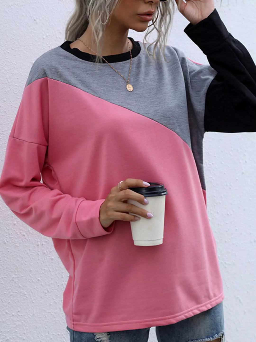 Color block crew neck sweatshirt with drop shoulders