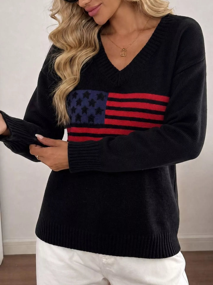 Black American flag knit V-neck sweater with ribbed trim
