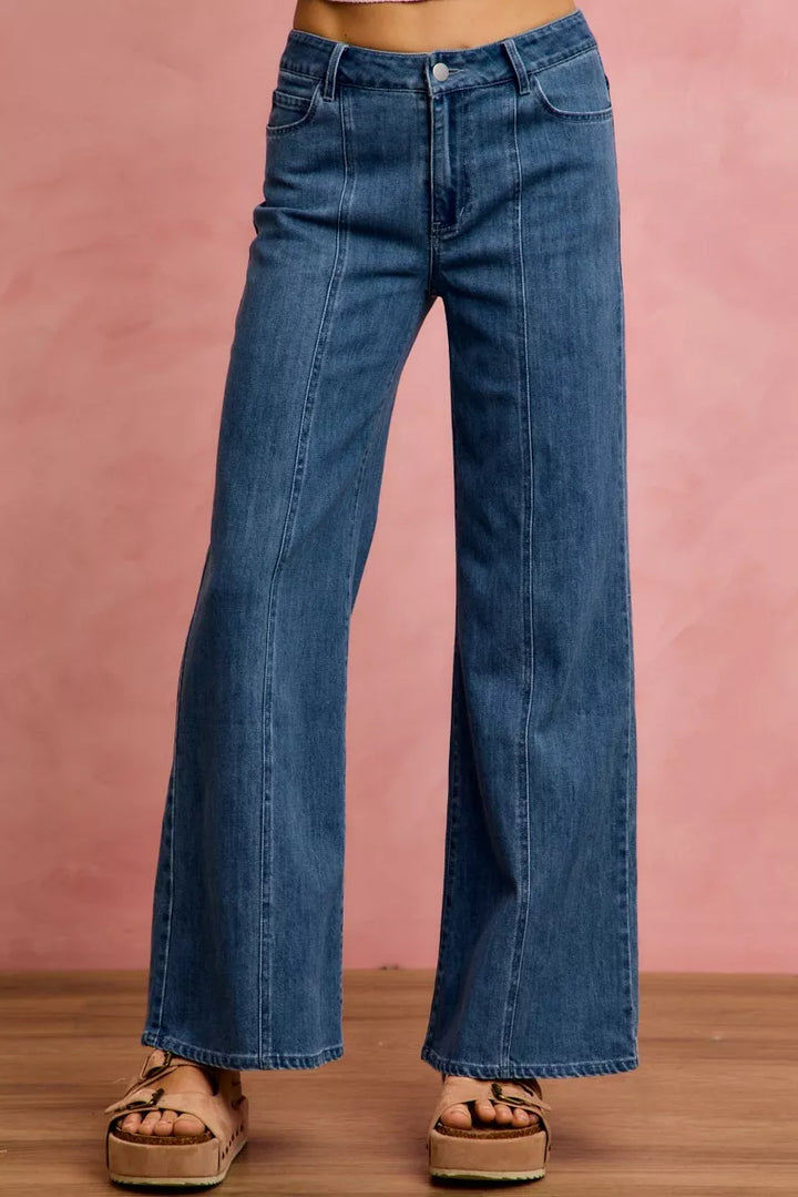 Mid-rise wide-leg jeans with front center seam