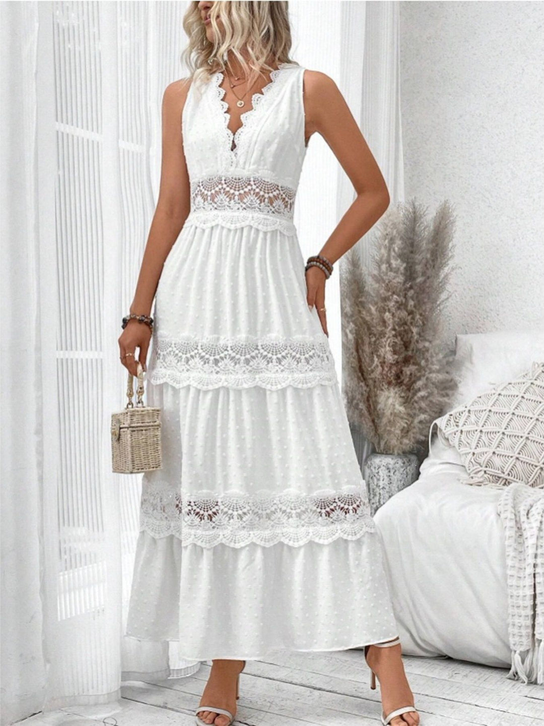 Sleeveless swiss dot tiered maxi dress with lace trim