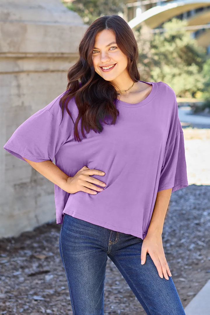 Lavender Boxy drop-shoulder round neck bamboo tee