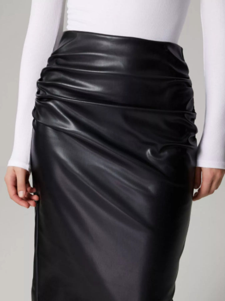 High-rise faux leather midi pencil skirt with back slit