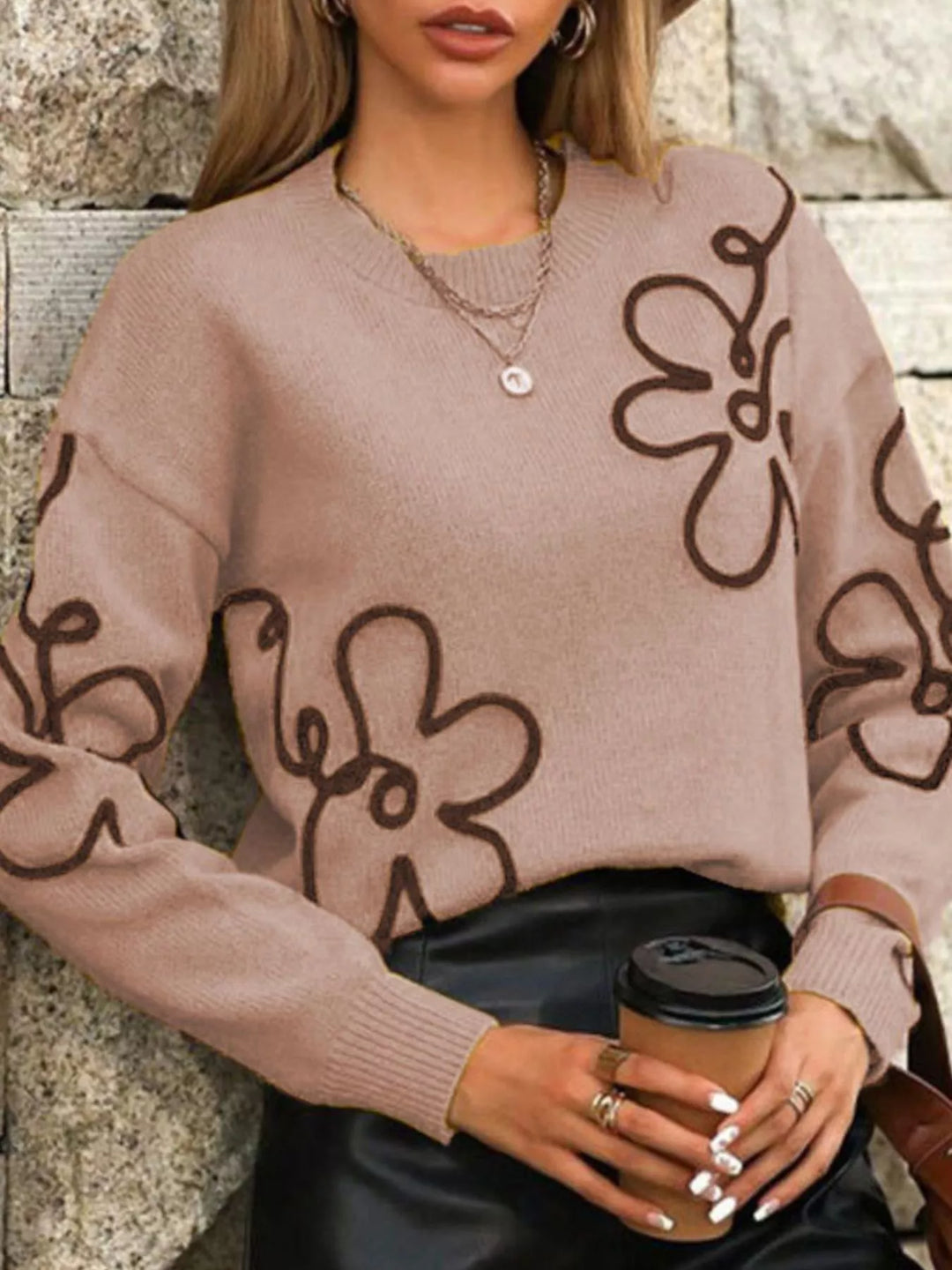 Line-drawn floral drop shoulder knit pullover sweater