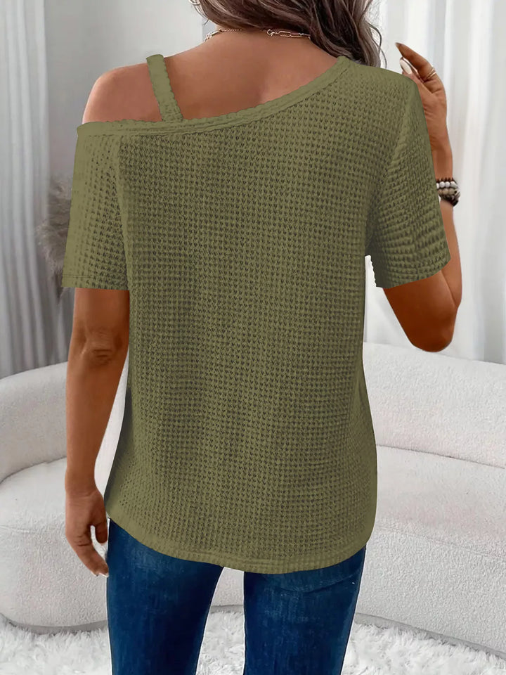 One-shoulder waffle knit top with chain-link strap detail
