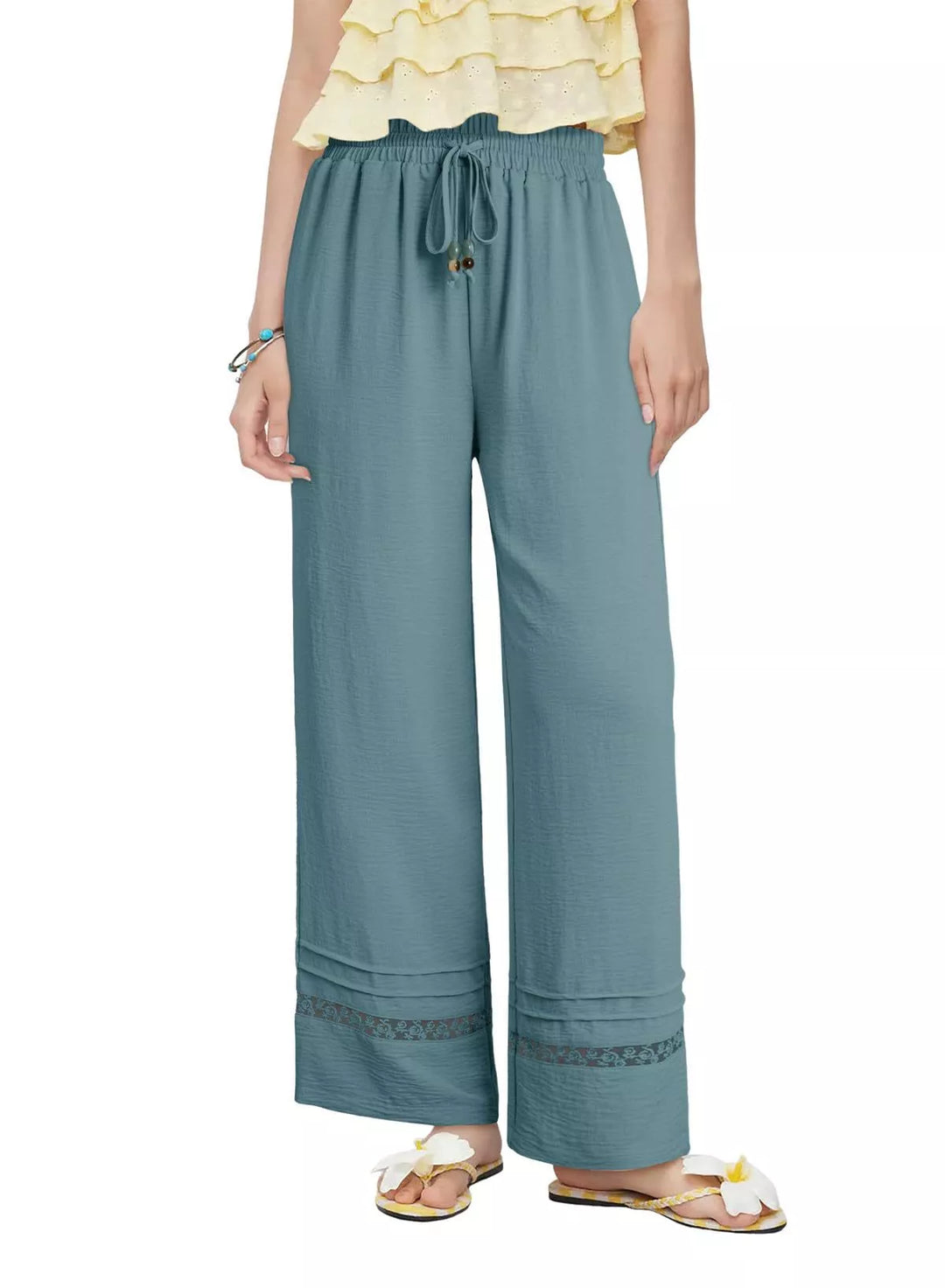 Wide leg drawstring pants with embroidered lace hem