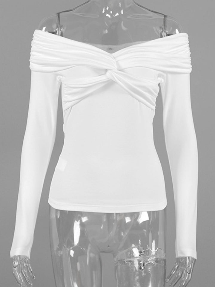 Twist-front off-shoulder fitted long sleeve top