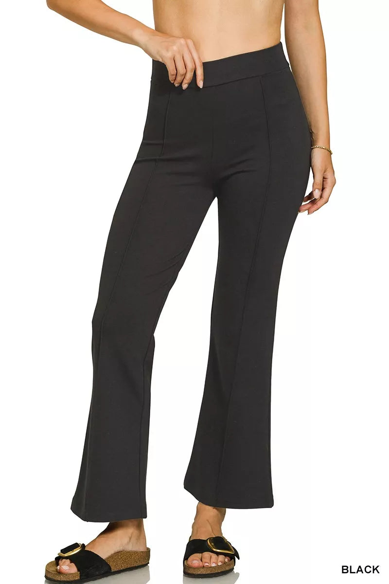 BLACK High-rise ponte pintuck flare pants with elastic waist