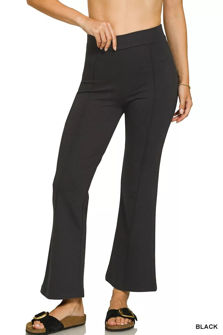 BLACK High-rise ponte pintuck flare pants with elastic waist