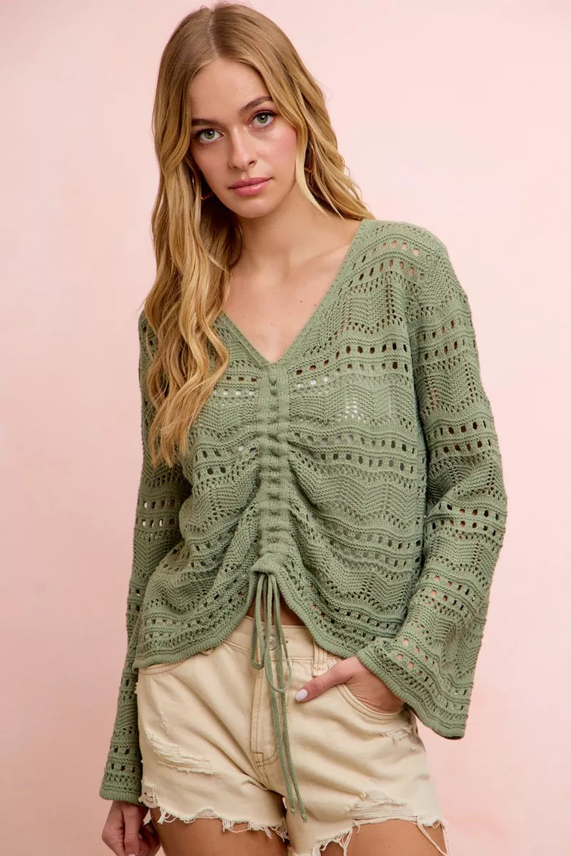 Long sleeve pointelle knit V-neck top with ruched front