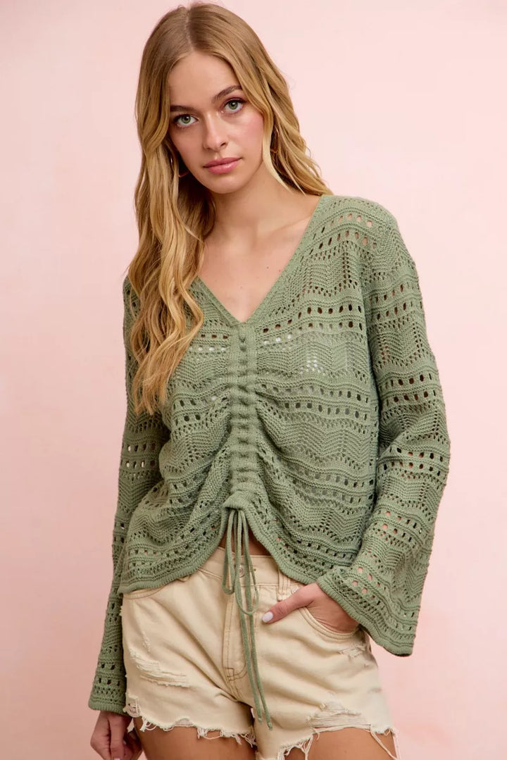 Long sleeve pointelle knit V-neck top with ruched front