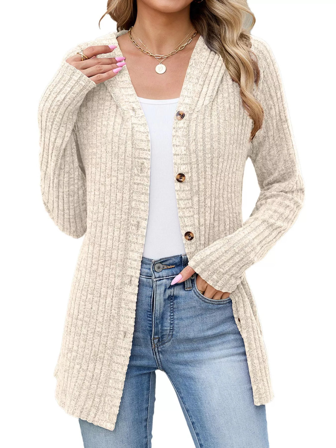 Ribbed knit hooded cardigan with tortoise buttons