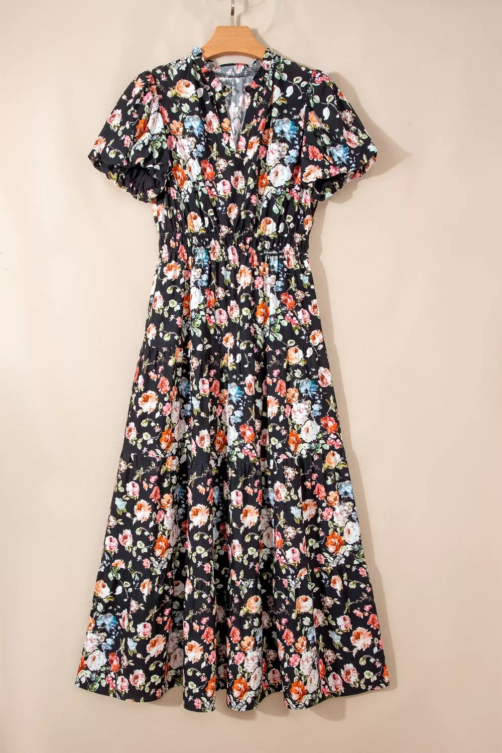Floral puff sleeve smocked waist tiered maxi dress