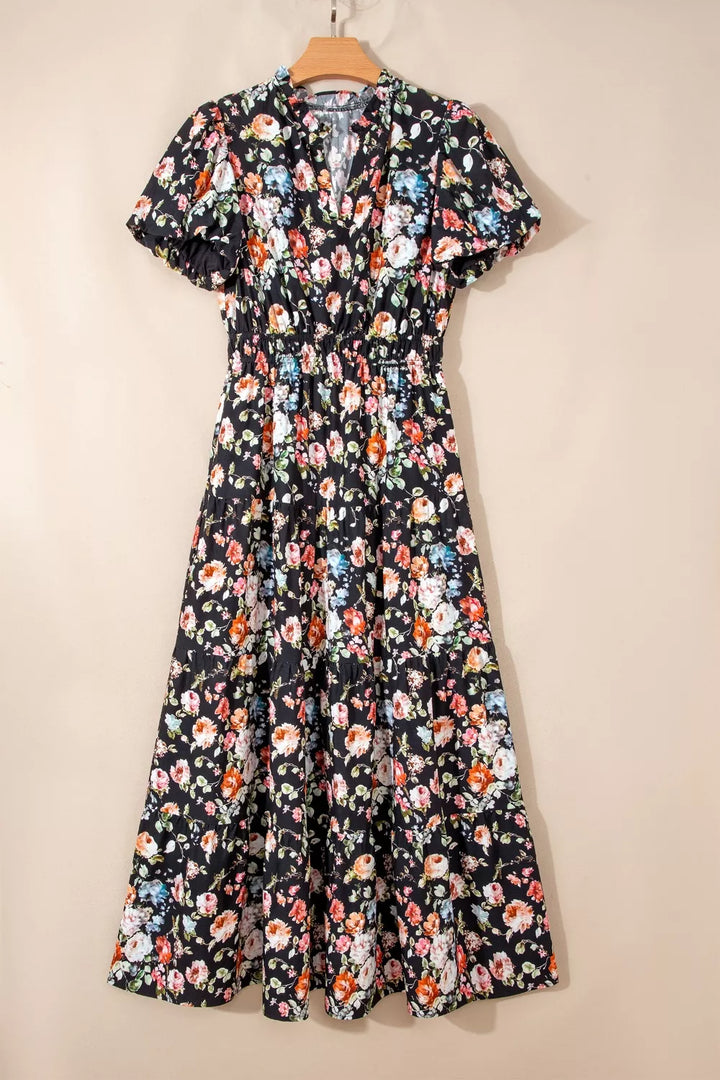 Floral puff sleeve smocked waist tiered maxi dress