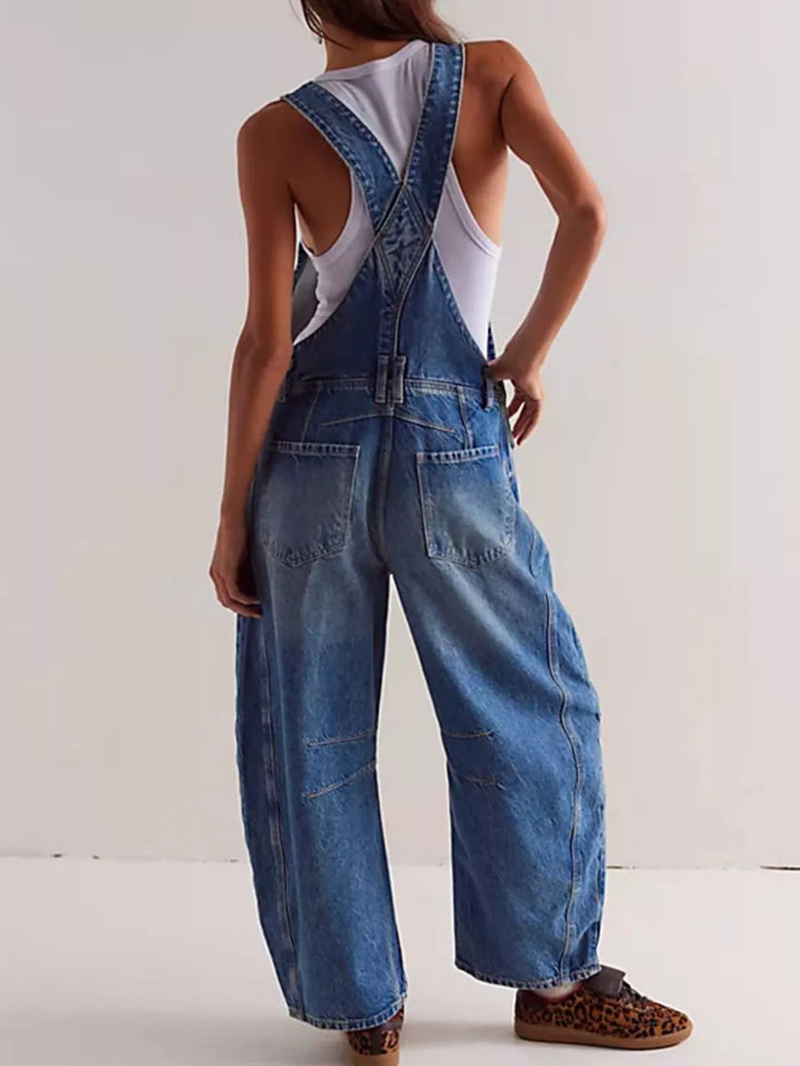 Wide-leg cotton denim overalls with adjustable straps
