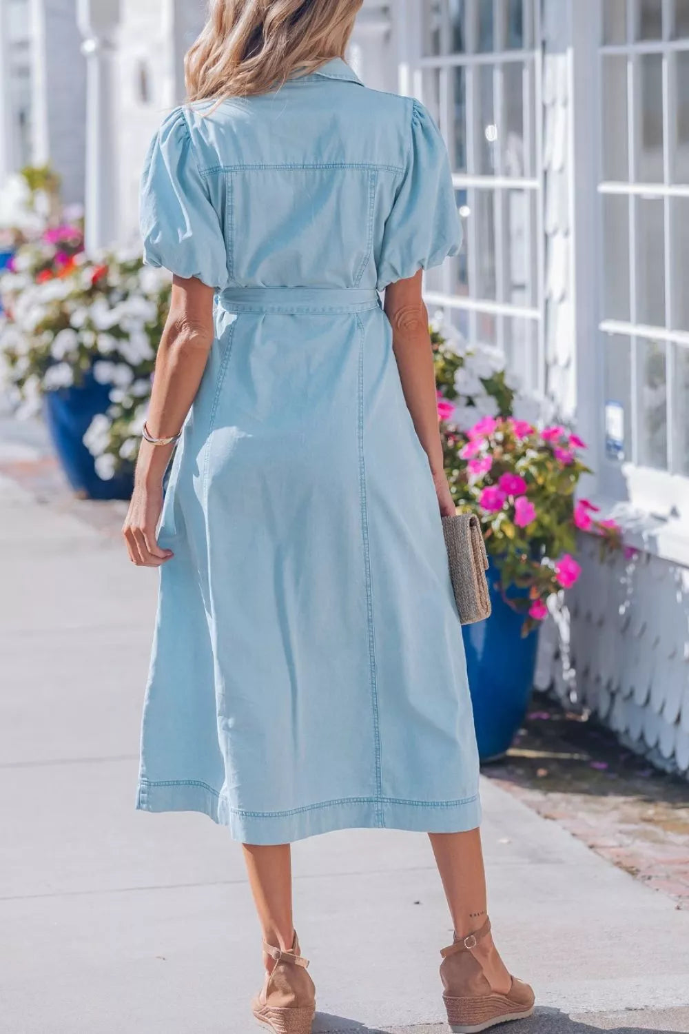 Belted chambray midi shirt dress with puff sleeves