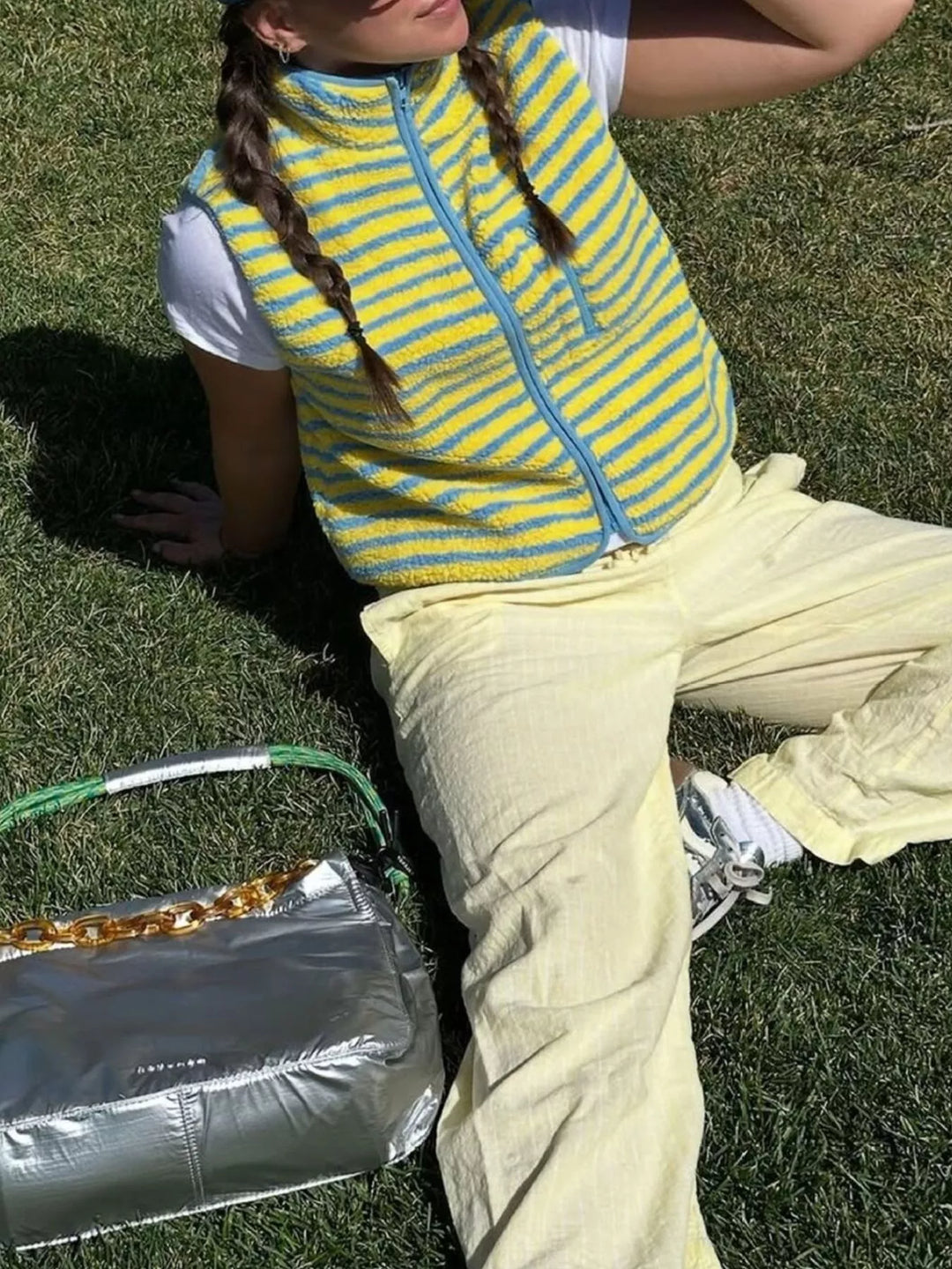 Pastel Yellow Striped fleece zip-up vest with stand collar